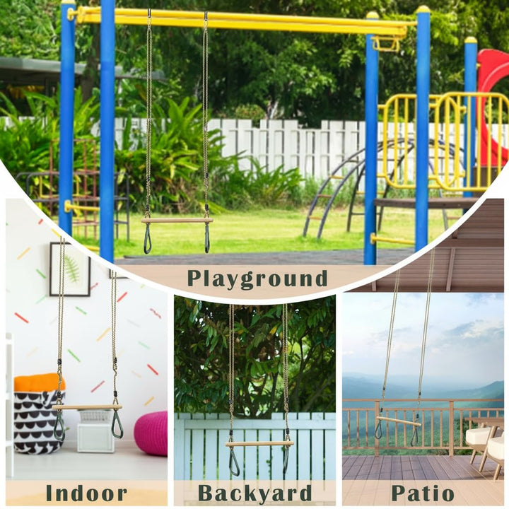 Leogreen Kinder Holz Trapeze Schaukel mit Kunststoff Turnringe, Aufhängen belastbar bis 150KG, Schau