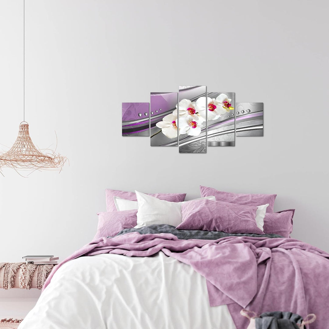 Runa Art Wandbilder Blumen Orchidee 5 Teilig Bild auf Vlies Leinwand Deko Wohnzimmer Perlen Grau Vio