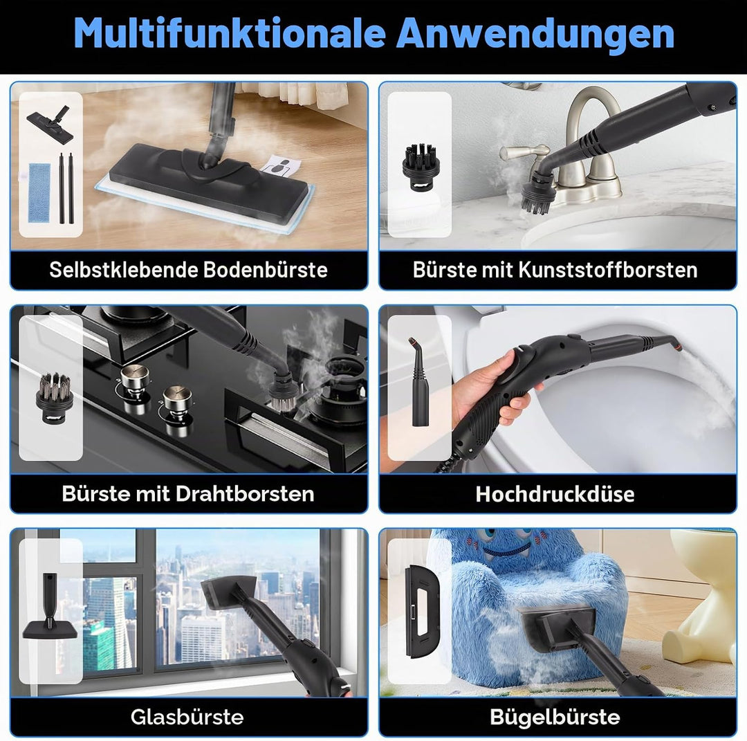 2000W Tragbarer Dampfreiniger Boden mit 1600-ml-Tank, Dampfdruck 4 bar, 15 Zubehörteile, Hochdruck D