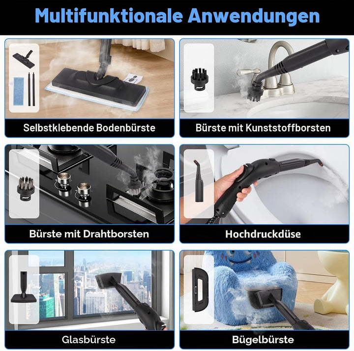 2000W Tragbarer Dampfreiniger Boden mit 1600-ml-Tank, Dampfdruck 4 bar, 15 Zubehörteile, Hochdruck D