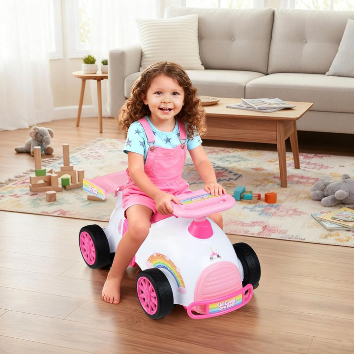 COSTWAY Rutschauto, Rutschfahrzeug im rosa Einhorn-Design, Kinderfahrzeug mit Musik & Stauraum unter