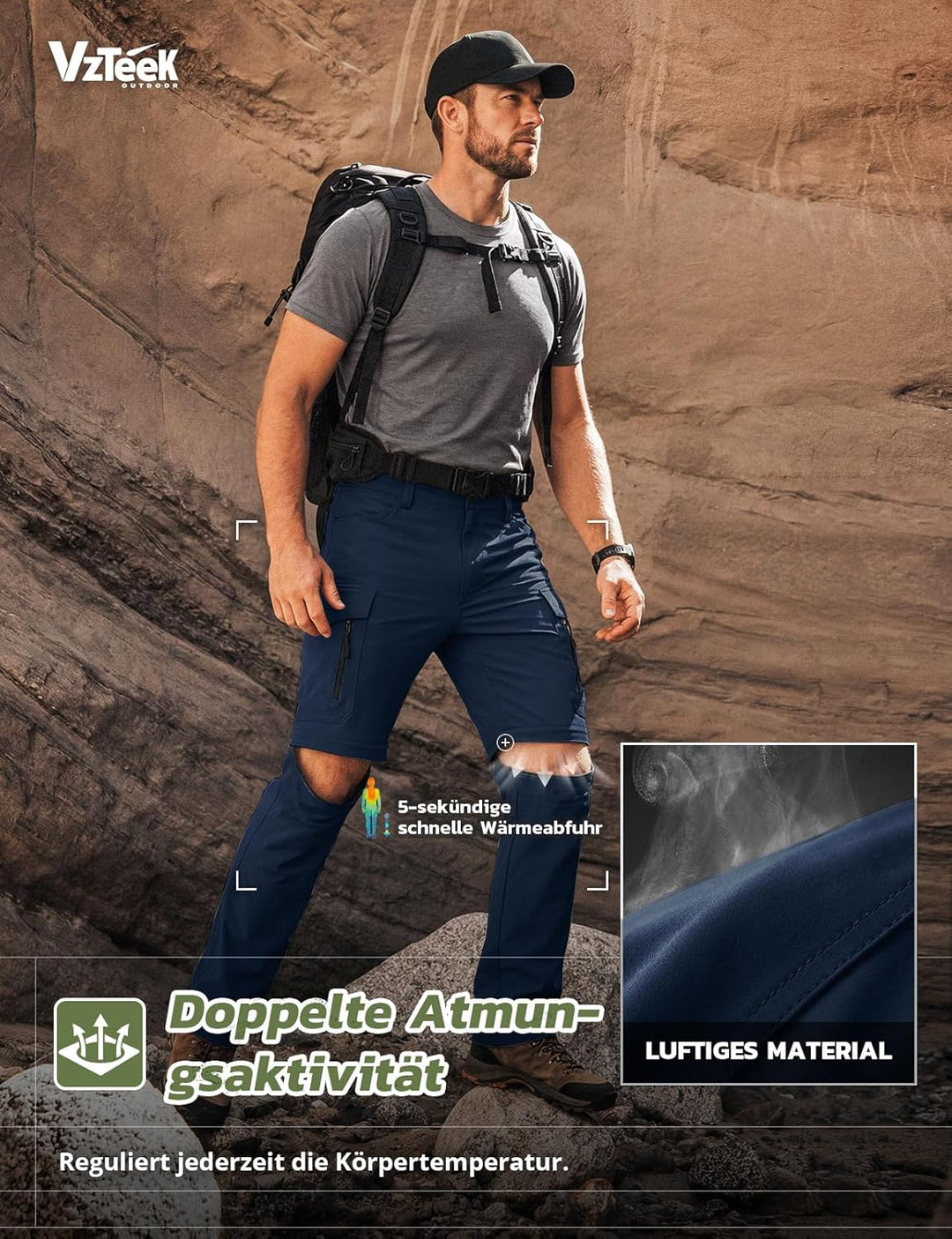 Vzteek Herren Wanderhose Zip Off Trekkinghose Outdoorhose Sommer Softshell Stretch Hose Kurz für Wan