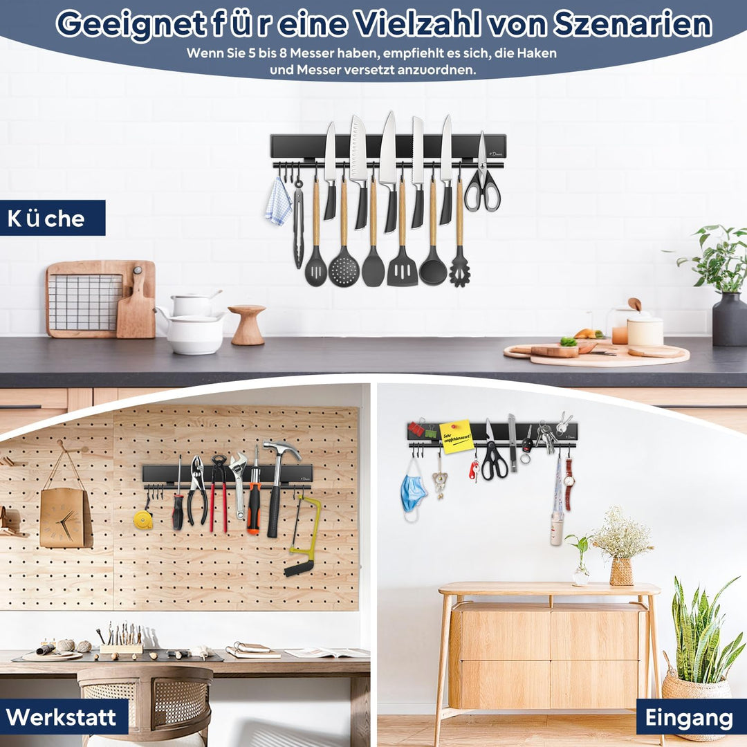Dmore Magnetleiste Messer mit 10 Haken, 50 cm Messerhalter magnetisch schwarz mit Hakenleiste, extre