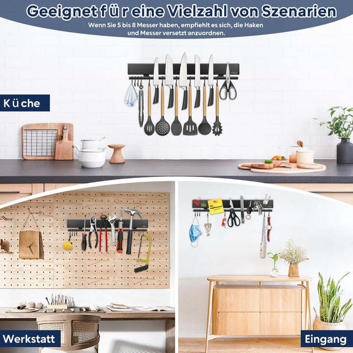 Dmore Magnetleiste Messer mit 10 Haken, 50 cm Messerhalter magnetisch schwarz mit Hakenleiste, extre
