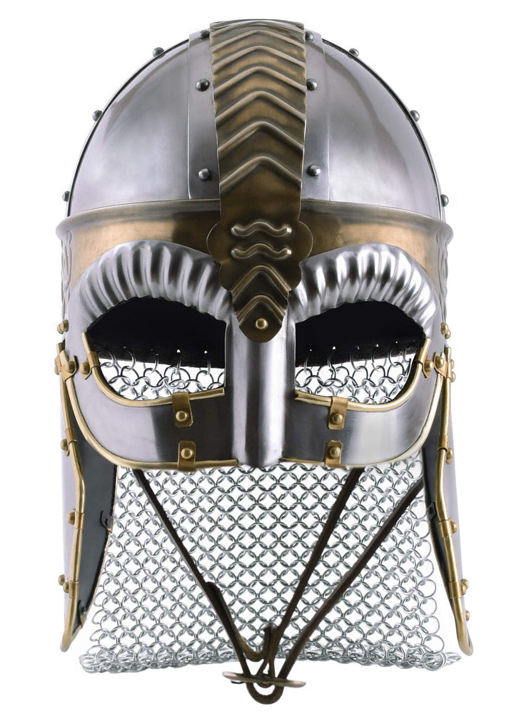 Battle-Merchant Brillenhelm Beowulf mit Wangenklappen und Kettenbrünne mit verstellbarem Lederinlay