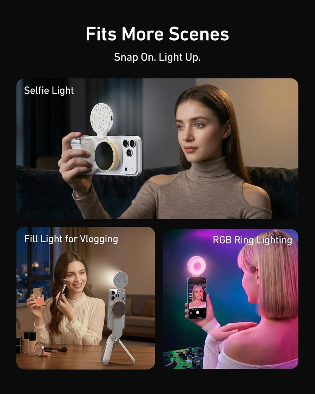 TELESIN Magnetische Selfie Licht RGB für iPhone Magsafe &amp; Android | 2700K–7500K Ringlicht handy | Sc