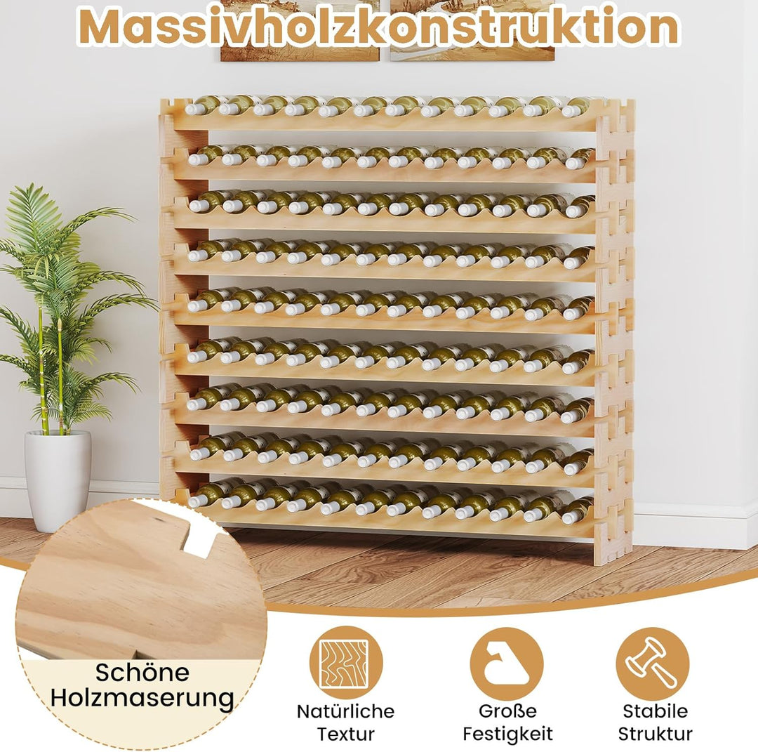 COSTWAY Weinregal Holz stapelbar, Flaschenregal für 108 Flaschen, Weinständer mit 9 Ebenen, Holzrega