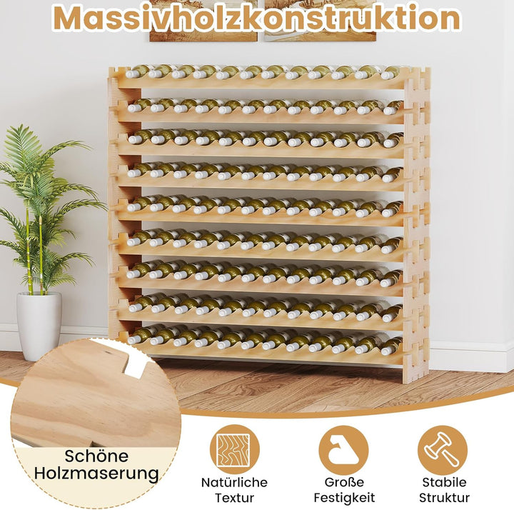 COSTWAY Weinregal Holz stapelbar, Flaschenregal für 108 Flaschen, Weinständer mit 9 Ebenen, Holzrega