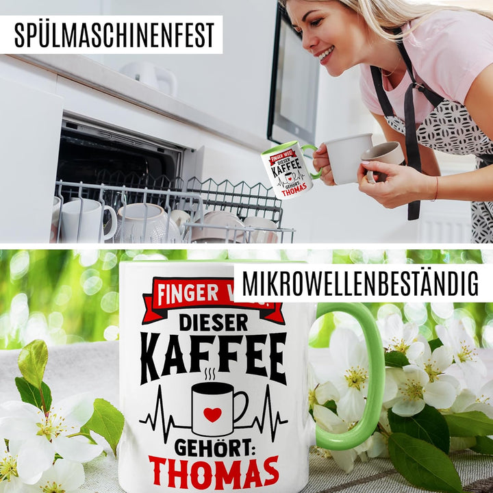 Tasse personalisierbar Geschenk Finger weg! Dieser Kaffee gehört: Thomas, Kaffeetasse Name Humor per