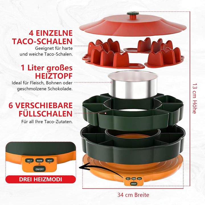 Taco Tuesday Set, Taco Servierset & Schokoladen Fondue mit 1 L Heiz Topf, 3 Temperaturstufen, 4 Halt