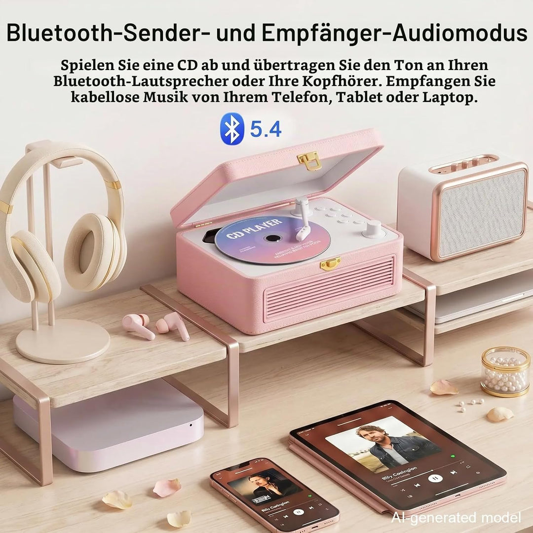 Gueray Tragbarer Bluetooth CD-Player mit Lautsprechern 3600mAh Wiederaufladbarer Vintage CD Spieler