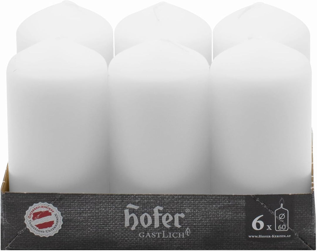 Hofer Stumpenkerzen - Weiss - 6 x 12 cm - Lange Brenndauer - 39 Stunden - Unparfümiert - Tropffreie