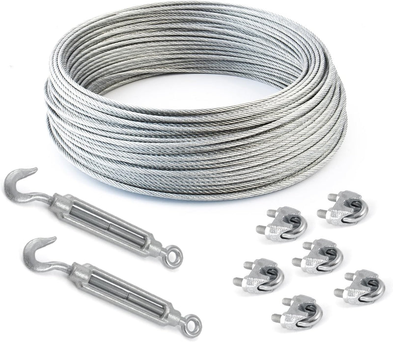 15m DRAHTSEIL SET 6mm 6x19+FC + 6 x SEILKLEMMEN 6mm DIN 741 + 2 x SPANNSCHLOSS M6 HAKEN - ÖSE verzin