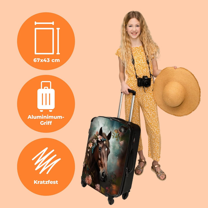 Koffer gross Trolley Rollkoffer Reisekoffer mit 4 Rollen Fotokoffer - Pferd - Natur - Blumen - Tiere