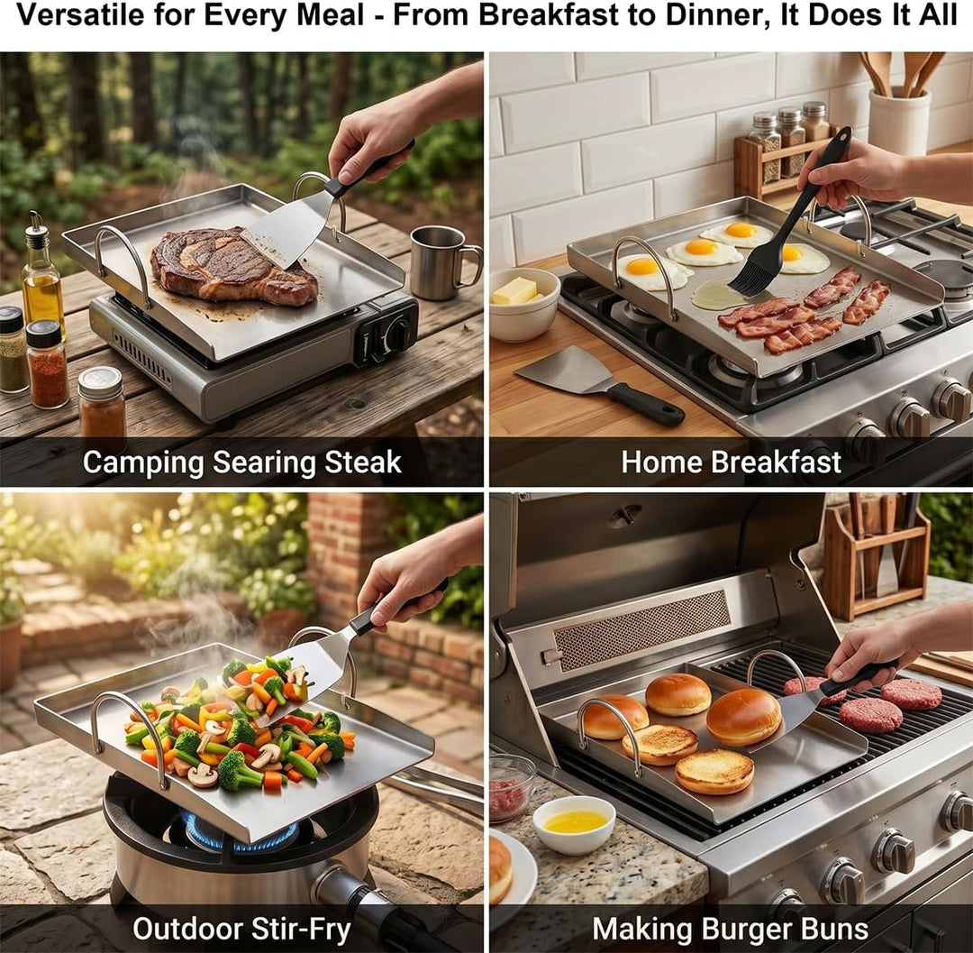 5 Set Plancha Grillplatte - Edelstahl Grillplatte - 2 Grillspachteln &amp; Ölflasche - 30x40 cm Plancha