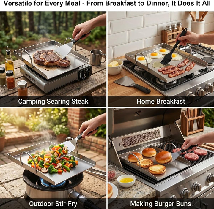 5 Set Plancha Grillplatte - Edelstahl Grillplatte - 2 Grillspachteln &amp; Ölflasche - 30x40 cm Plancha