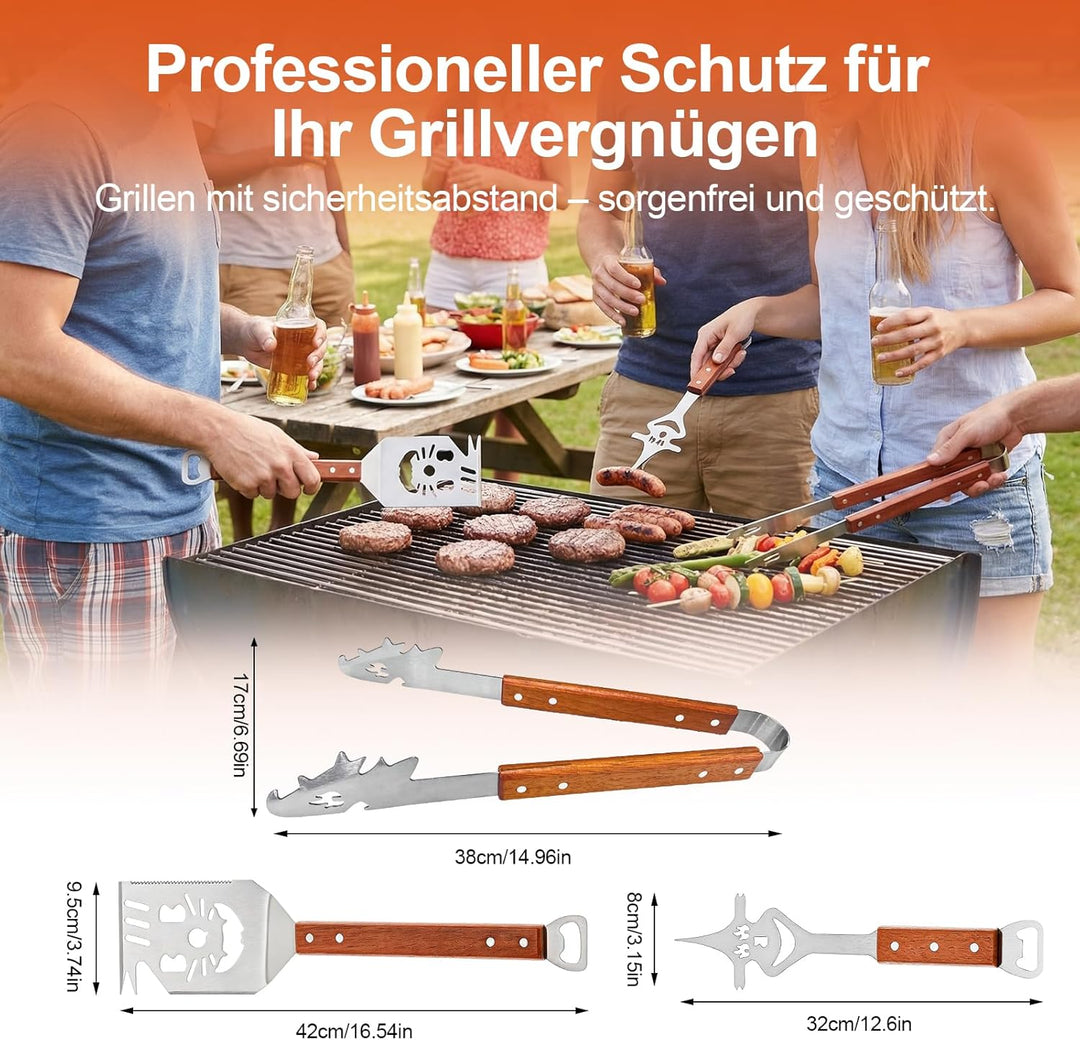 Grillbesteck Set 3-TLG, 8 in 1 BBQ Grillspachtel mit Holzgriff, EdelstahI, 42 * 9.5cm Einzigartige G