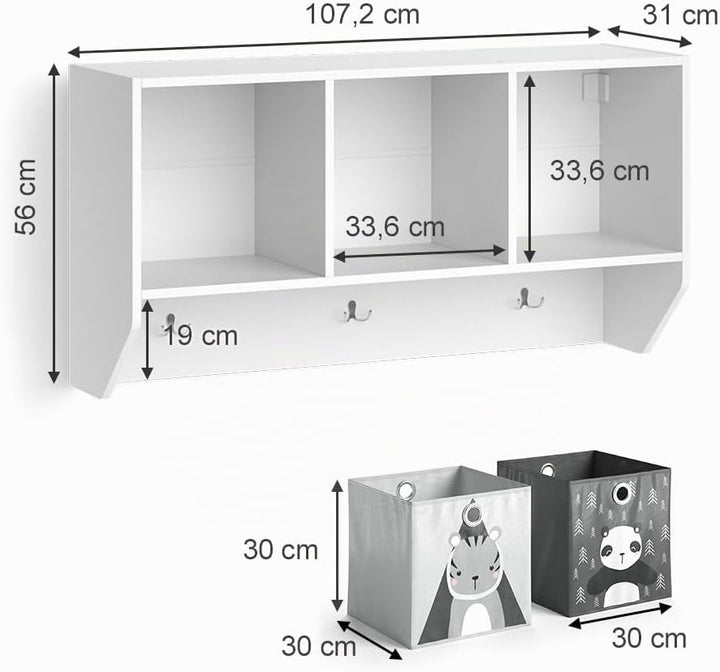 Vicco Wandregal für das Kinderzimmer Luigi, Weiss, 107 x 56 cm mit 2 Faltboxen Opt.1 Regal 107x56 cm