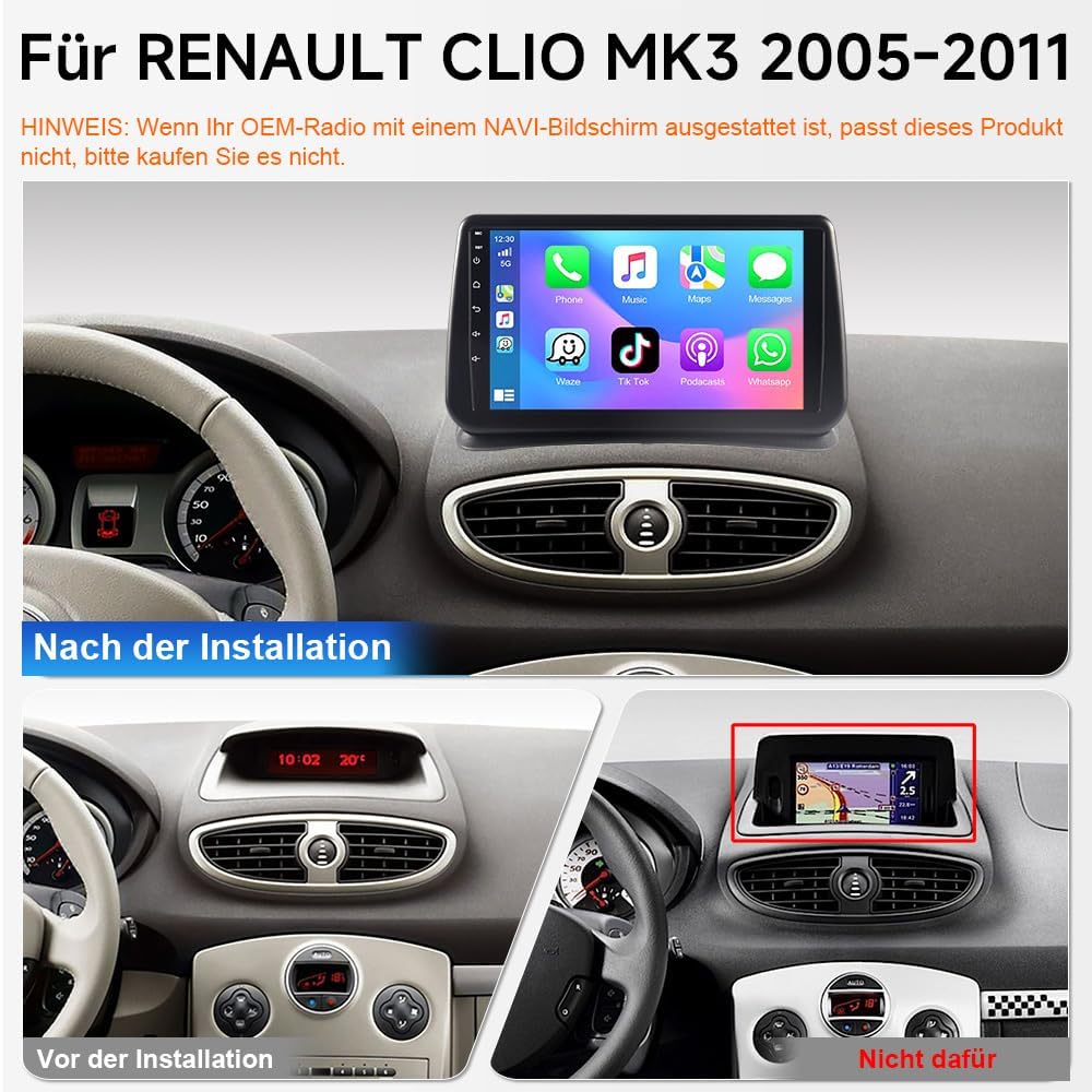 4+64GB Android 15 Autoradio Renault Clio 3 2005–2011, 9 Zoll Touch Display mit Wireless Carplay, GPS