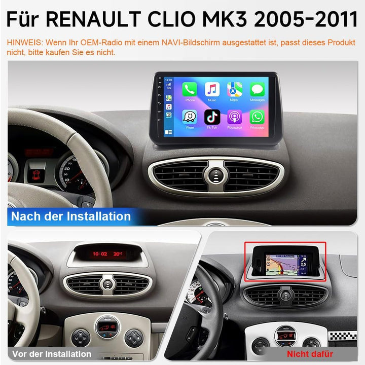 4+64GB Android 15 Autoradio Renault Clio 3 2005–2011, 9 Zoll Touch Display mit Wireless Carplay, GPS