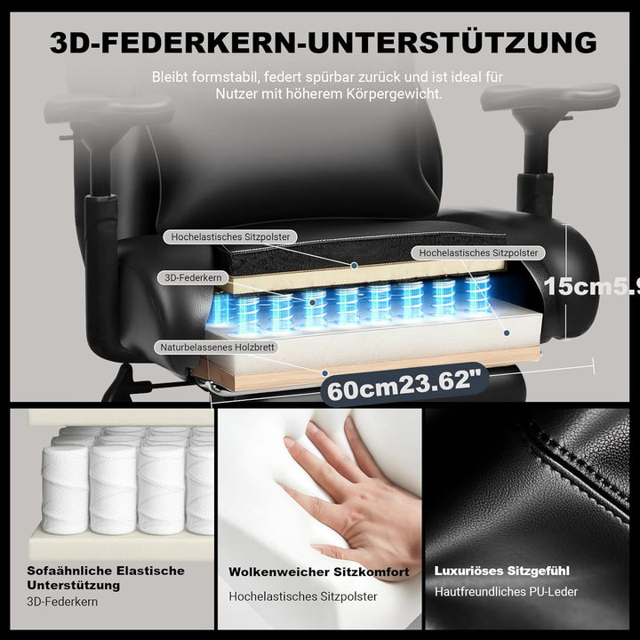 BASETBL Bürostuhl 200kg, 4D Armlehnen, Chefsessel mit 4-stufiger Gasdruckfeder, Verstellbarer Lenden