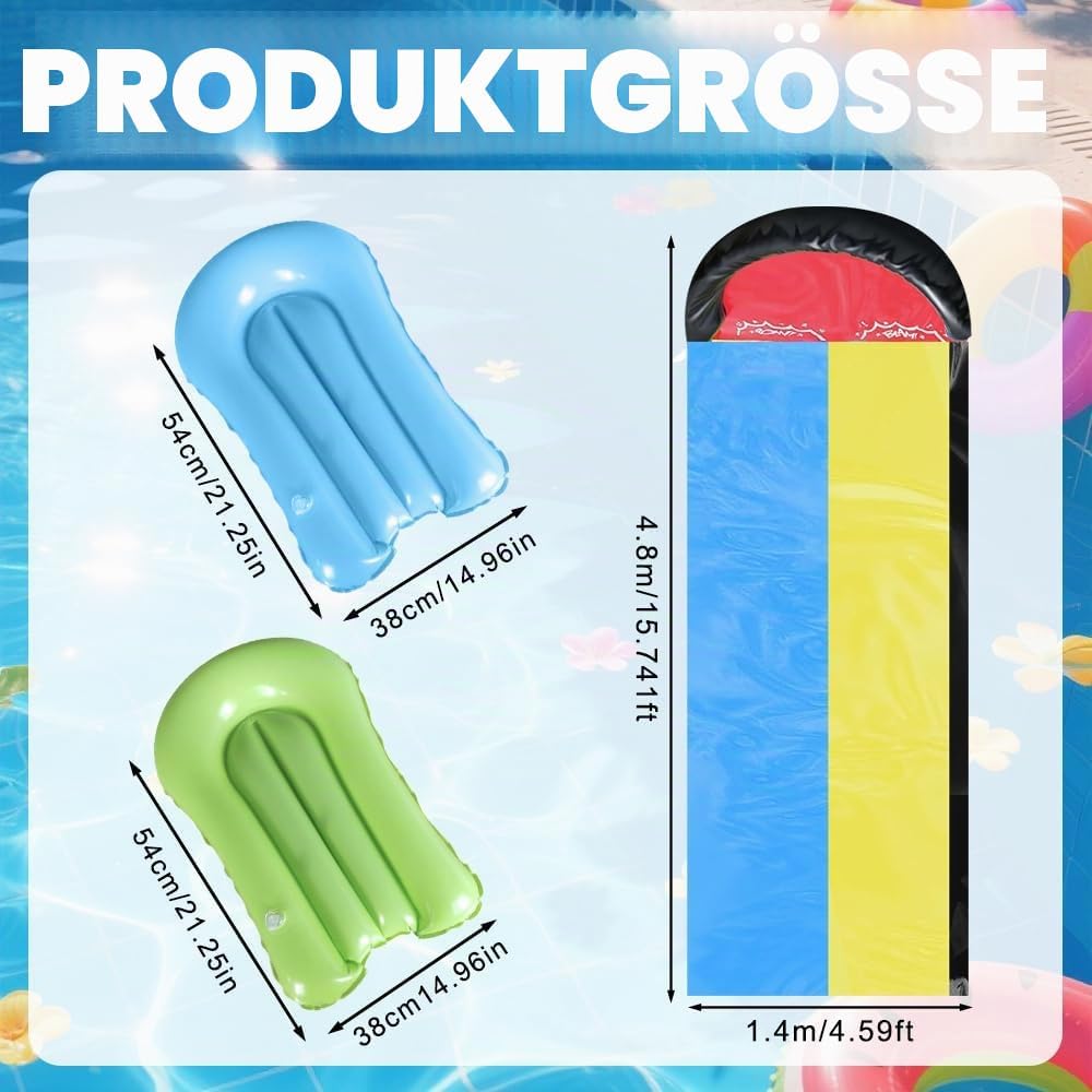 Wasserrutsche Garten für Kinder, 15.7ft/480cm Wasserrutschbahn mit 2 Bodyboards, Doppelte Rutschbahn