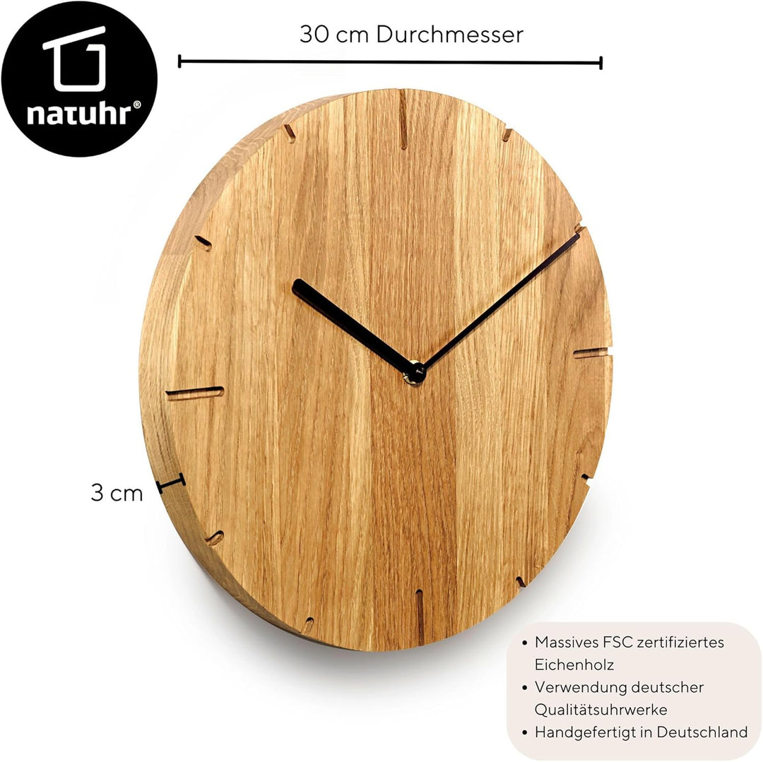 Natuhr Wanduhr Eiche geölt Holz Solide Massivholz, geräuscharmes U.T.S. Uhrwerk, puristisch, modern,