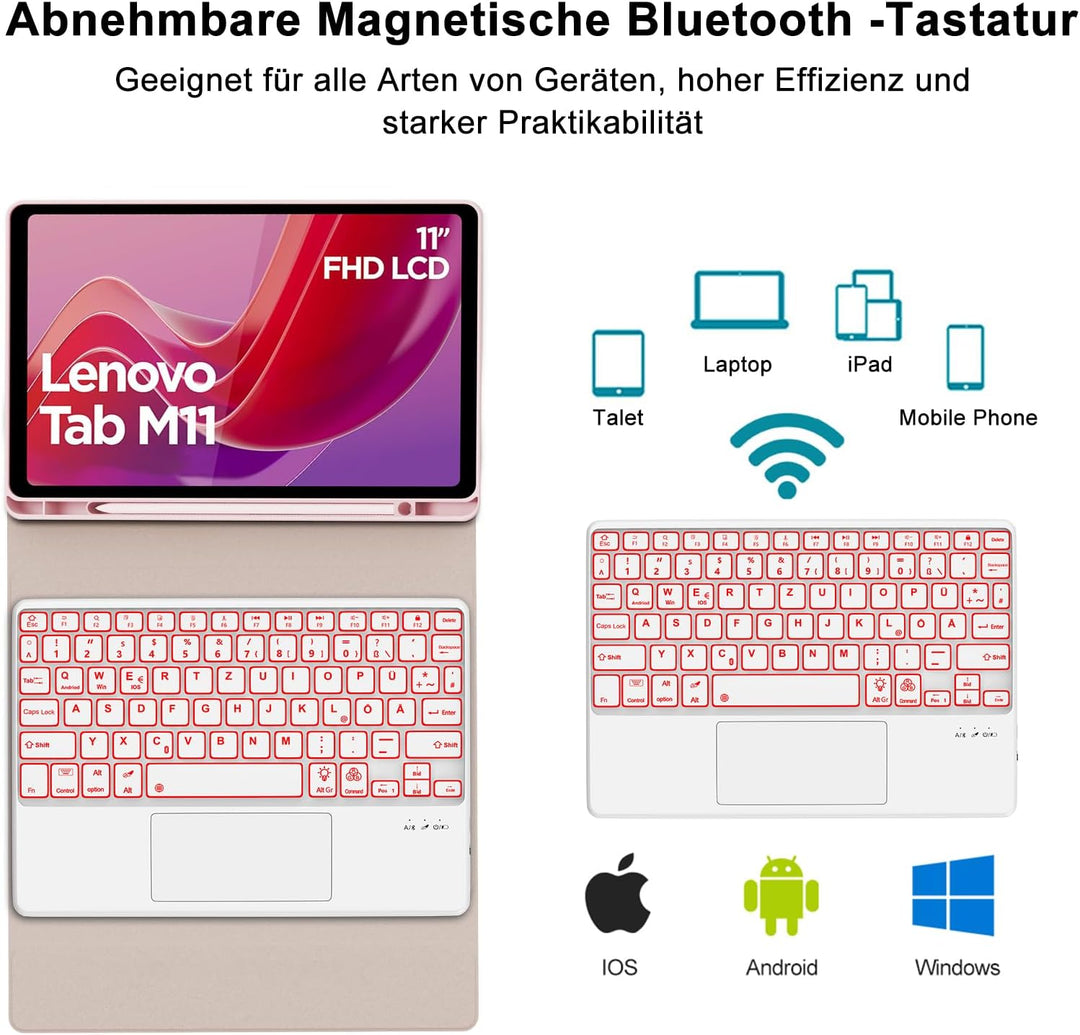 Tastatur Hülle für Lenovo Tab M11 2024, Multi Touch Trackpad, 7 Farben Beleuchtung, Hülle Tastatur m