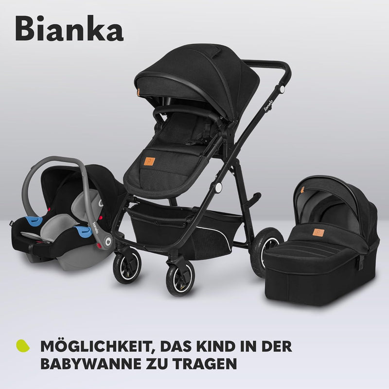 LIONELO BIANKA Kinderwagen 3 in 1 bis 22 kg Babywanne Autositz, Zusammenlegbar, Reise-System, Einste