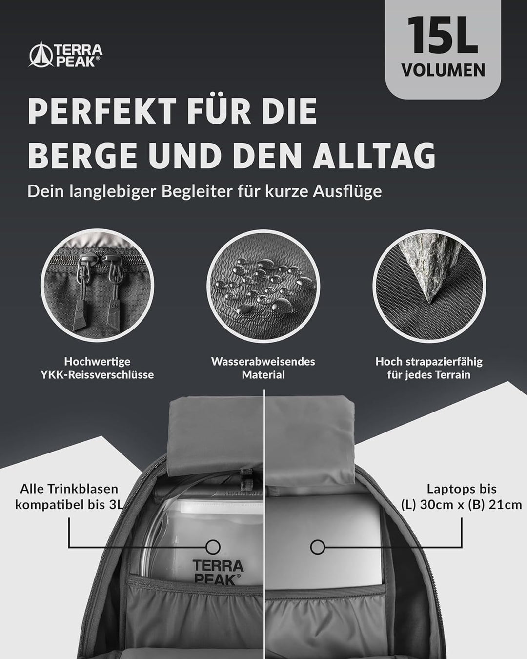 Terra Peak® Premium Wanderrucksack 15L (AREN) für Damen & Herren klein & extra leicht mit Rückenbelü