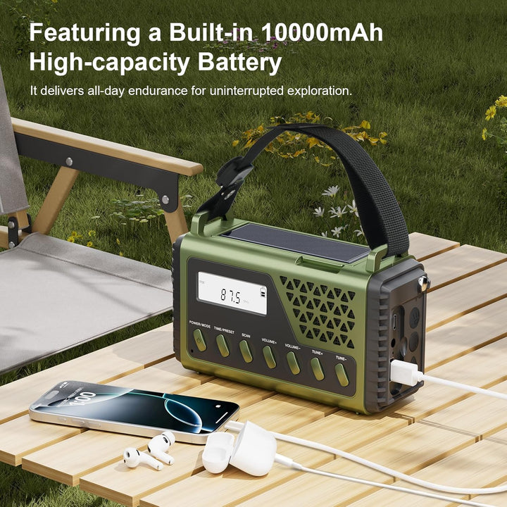 Solar Kurbelradio mit Bluetooth, AM/FM/SW Notfallradio mit 10000mAh USB Powerbank, Radio Batteriebet