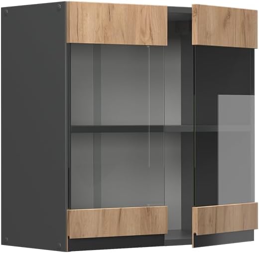 Vicco Küchenschrank Glas R-Line, Goldkraft Eiche/Anthrazit, 60 cm J-Shape Goldkraft Eiche Hängeglass