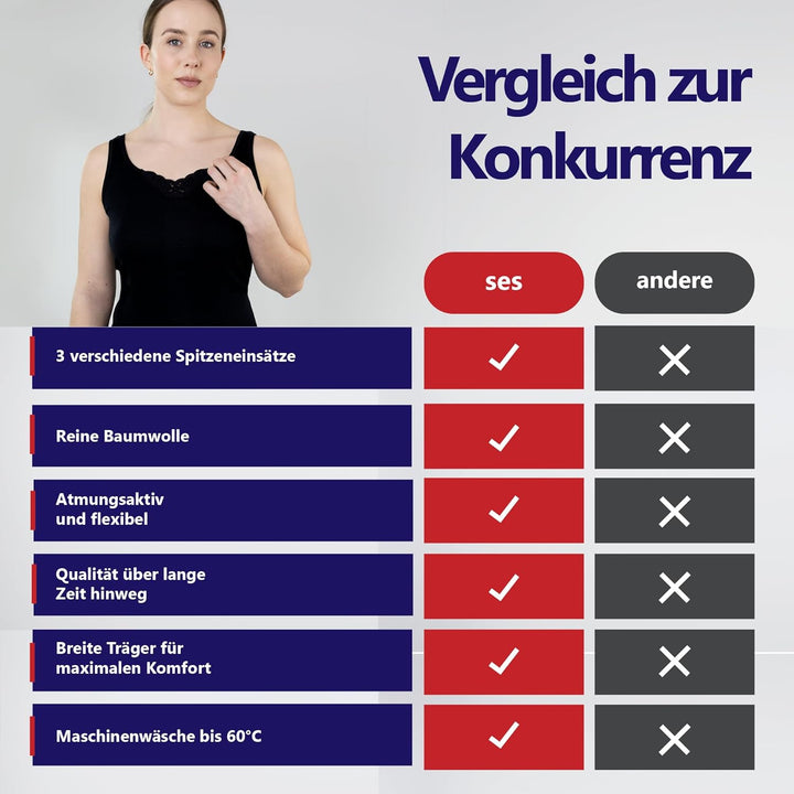 SES Top mit Spitze Damen 3er-Pack 34-52 aus 100% Baumwolle/Damen Unterhemden mit Spitze & weicher Fe