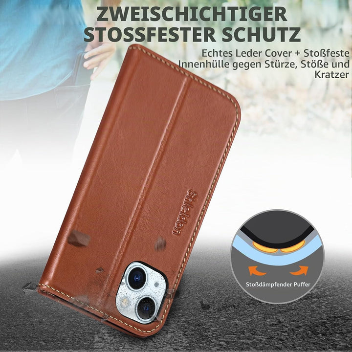 SHIELDON Hülle für iPhone 15 Plus, Handyhülle [Echtleder] [Kartenfach] [Magnet] [Standfunktion] [RFI