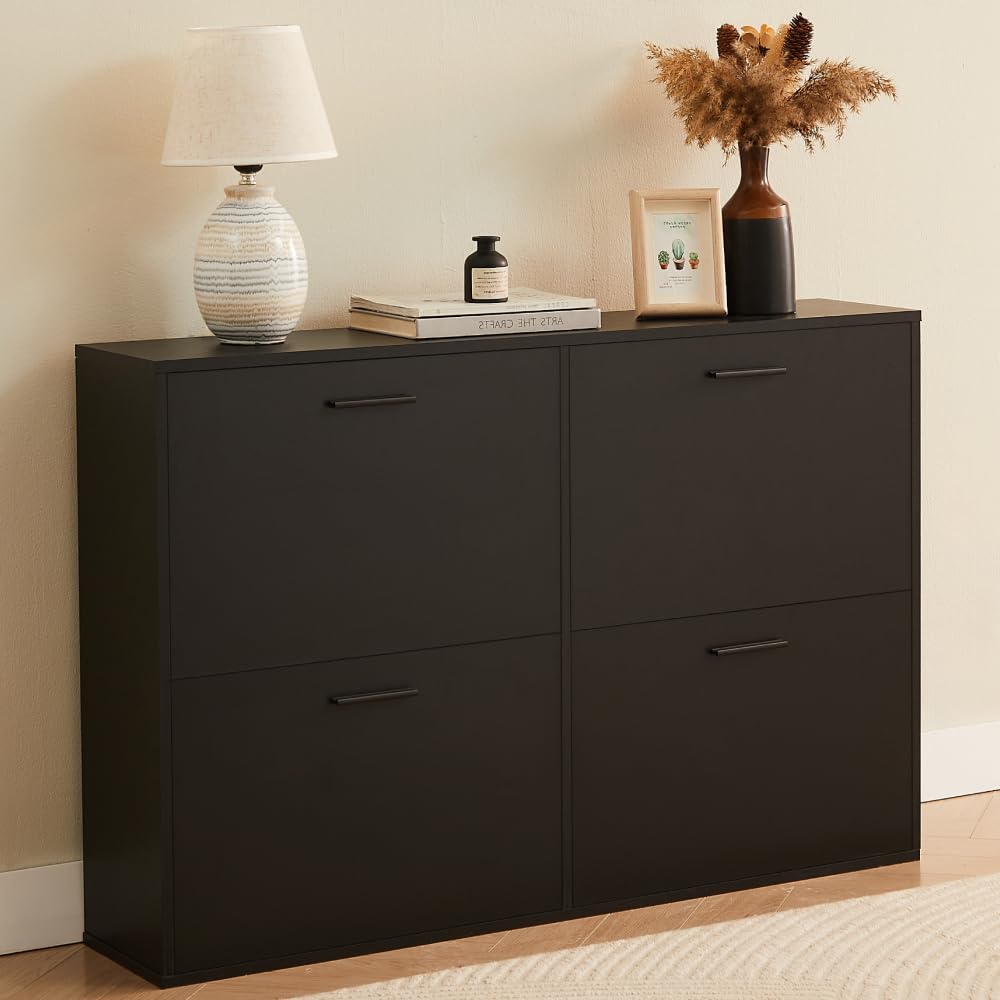CASABEL Schuhschrank mit 4 Klappen – Schuhschrank Eingang Schwarz, Modernes Design, Grosse Kapazität