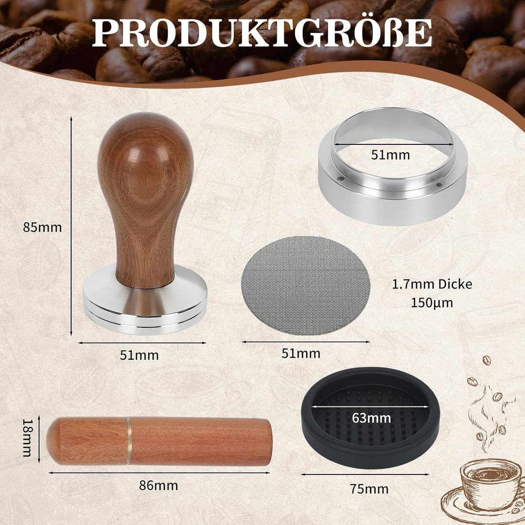 Kaffee Tamper 51mm Set, Siebträger Zubehör Set mit Puck Screen 51mm, WDT Tool, Tampermatte und Magne