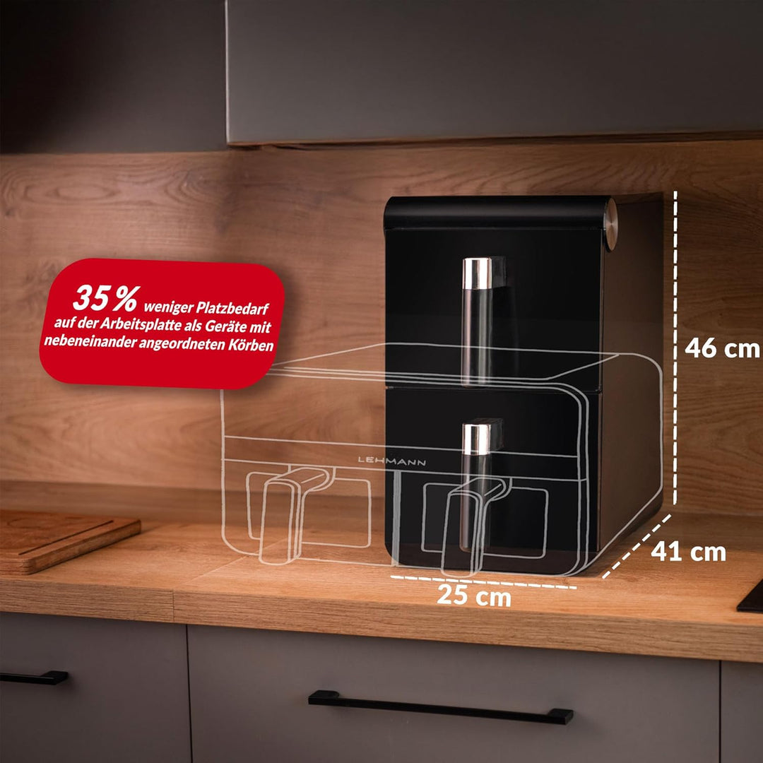 LEHMANN XXL Heissluftfritteuse 2 Kammern 11L, Airfryer Doppelkammer mit 2 vertikale Schubladen, 13 P