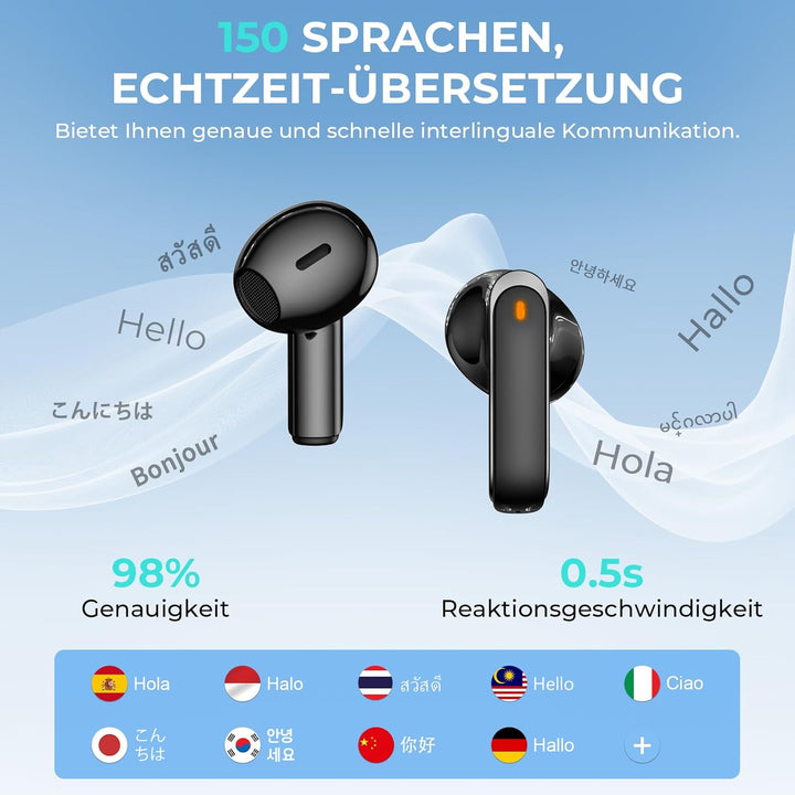 NE70 Übersetzungskopfhörer in Echtzeit 150 Sprachen mit APP, 60 Std, LCD | 9 Übersetzungsmodi, Bluet