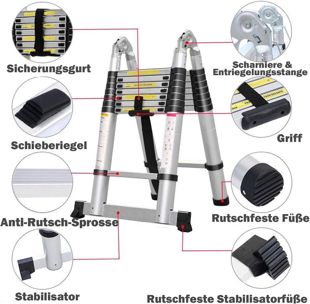 5m (2,5+2,5) Aluminium Mehrzweckleiter Teleskopleiter Ausziehbar Leiter Klappleiter Anti-Rutsch Stuf