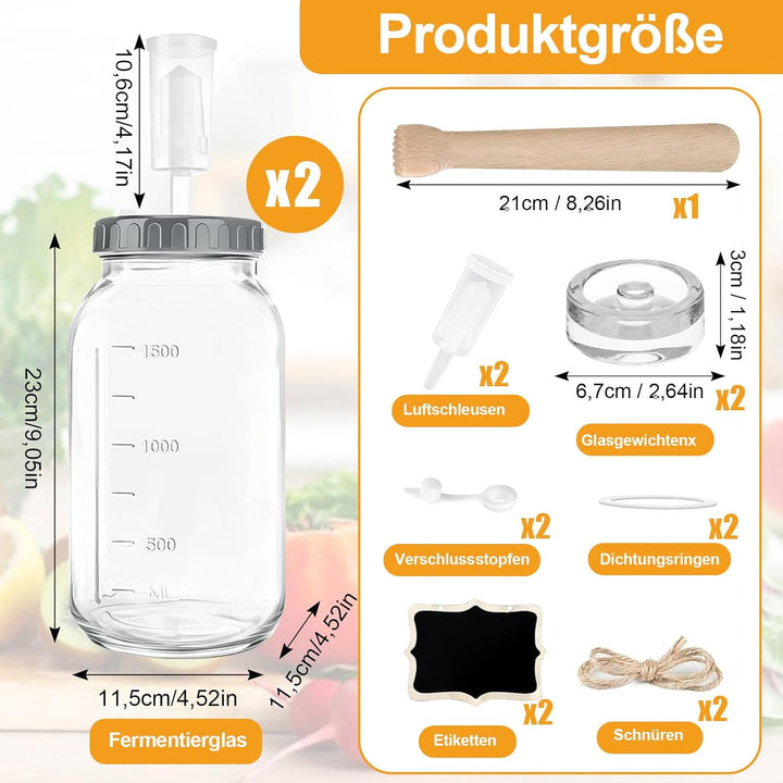 Fermentierglas 2 Stück 2L, 64oz Kimchi Behälter mit Luftschleuse und Gewicht, Breiter Mund Fermentie