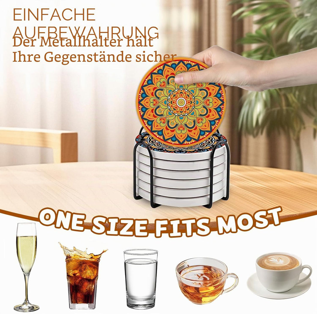 Boho Mandala Keramik Untersetzer, 6er Set Getränkeuntersetzer mit Metallhalter, saugfähige runde rut
