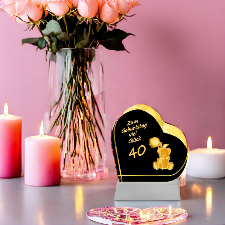 Kaltner Präsente Geschenkidee - Herz aus Glas: Kristallglas mit 3D-Laser-Gravur Teddy Rose/Zum Gebur