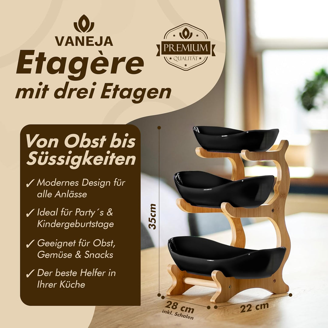 Obst Etagere 3 stöckig SCHWARZ Keramik mit Bambusständer, Servierständer für Obst Snacks Gebäck, ele