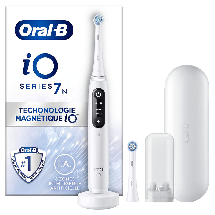 Oral-B iO 7N Elektrische Zahnbürste, weiss, mit Bluetooth, 2 Aufsteckbürsten, 1 Reiseetui, Weiss