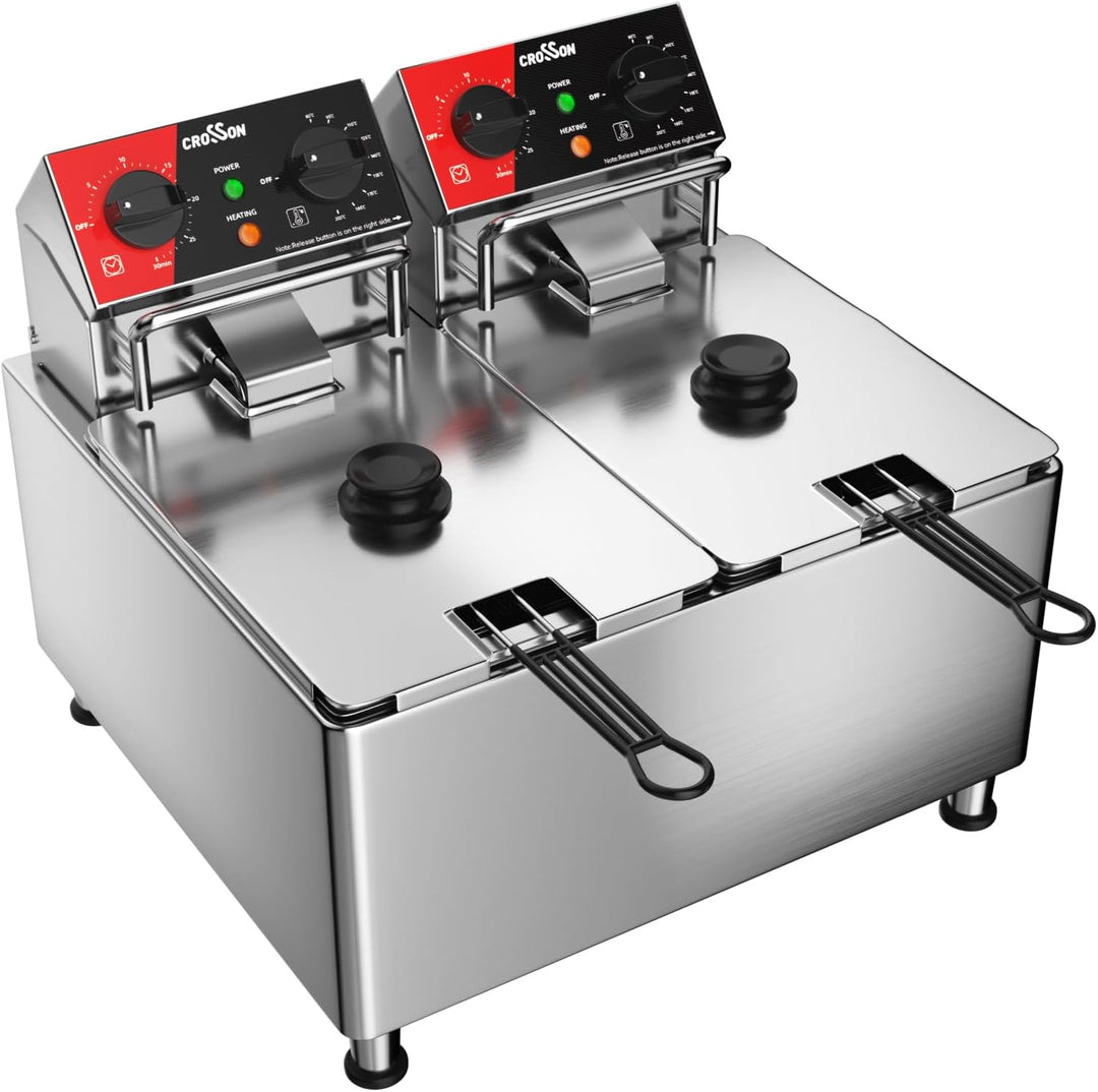 CROSSON 8L Elektrische Fritteuse mit doppeltem Tank und rotierendem Fritteusenkopf, 30-Minuten-Timer