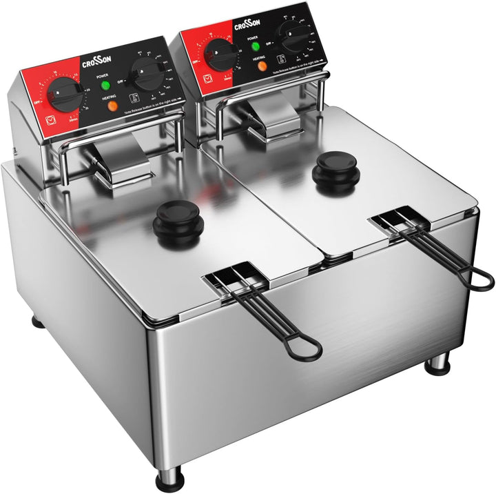 CROSSON 8L Elektrische Fritteuse mit doppeltem Tank und rotierendem Fritteusenkopf, 30-Minuten-Timer