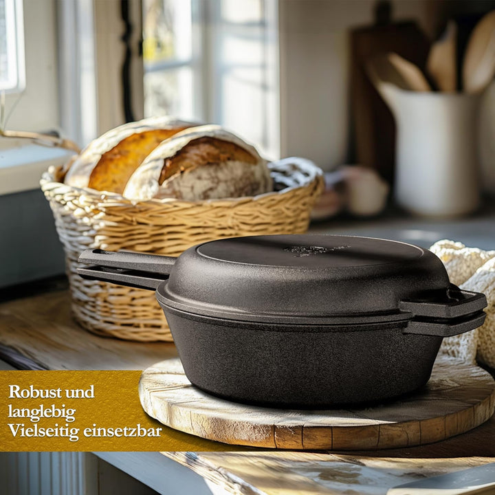 Gusseisen Topf Brot Backen mit Gärkörbchen – eingebrannte Brotbackform mit Deckel: 3L Topf & 1,5L Pf