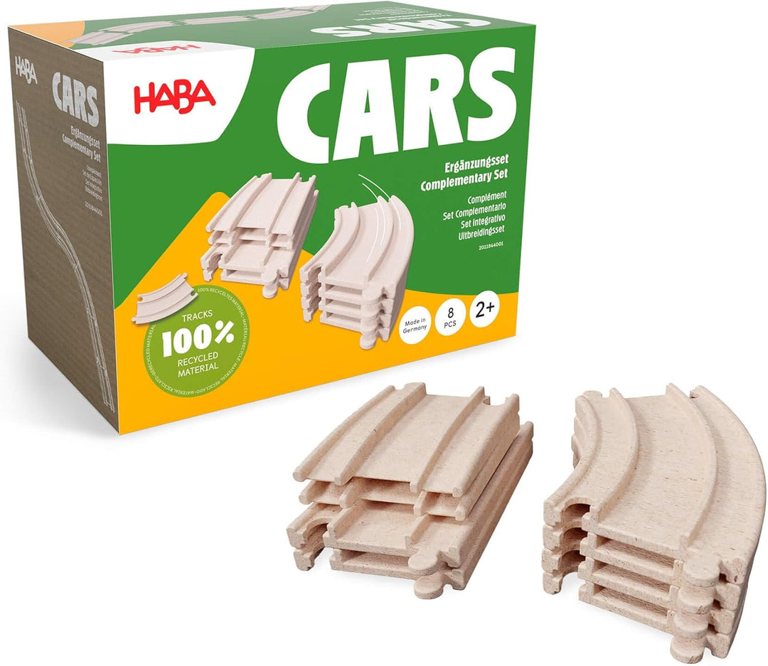 HABA Cars Ergänzungsset – 8 Schienen aus recyceltem Holz und Kunststoff – Extragrosse, einfach zu ve
