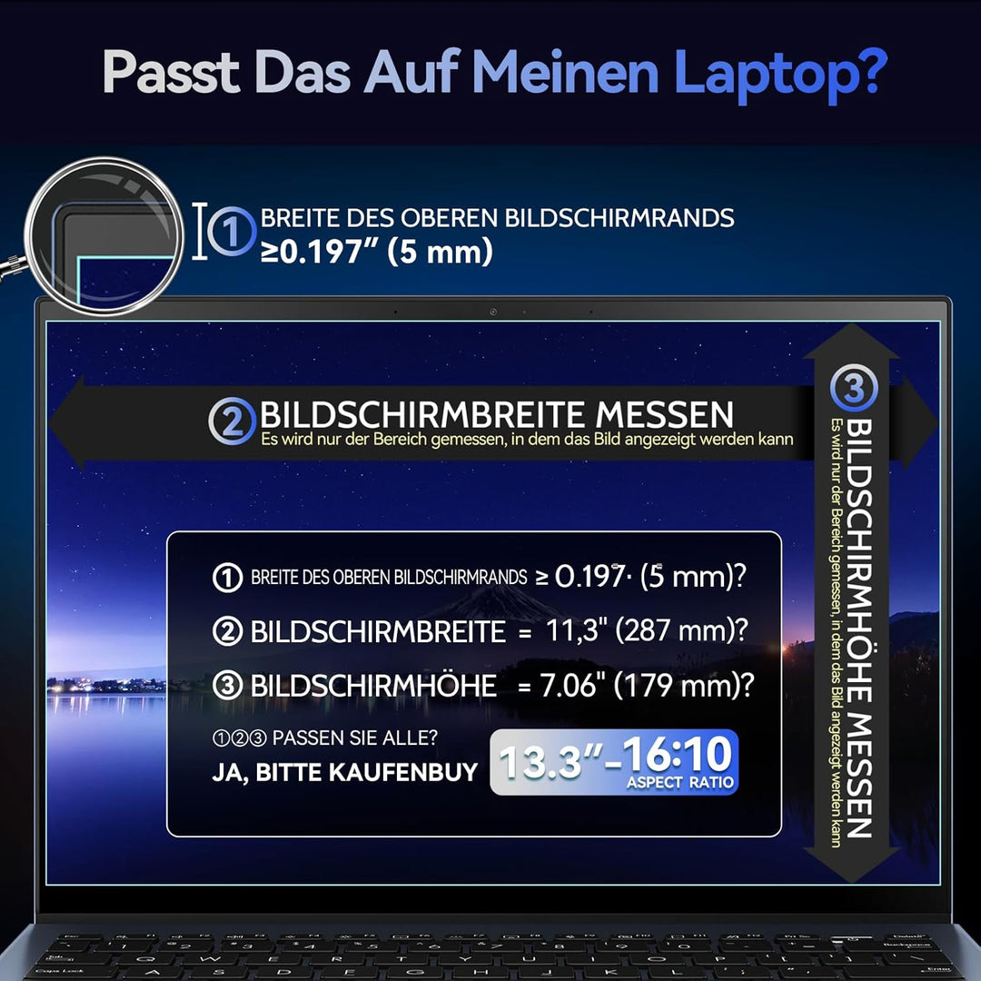 Magnetischer Laptop Sichtschutz für 13.3 Zoll Seitenverhältnis 16:10 Computer Bildschirm, 13 Abnehmb