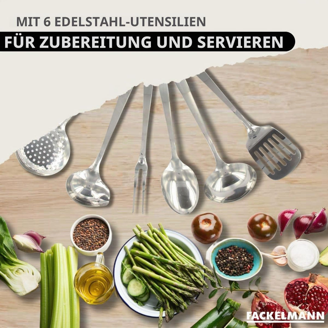 Fackelmann 9445250 Pfannen-Set, 3-teilig, 20, 24 und 28 cm, aus Edelstahl 18/8, 6 Küchenutensilien,